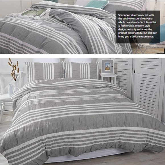 SEESUCKER DUVET COVER SET w/ 2 SHAMS - 100% COTTON (Stripes Grey/White -… - Picture 10 of 11